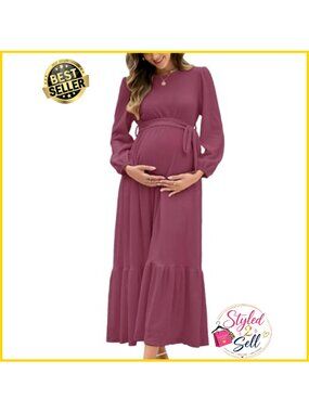 Maternity Maxi Dress with Belt Long Sleeve Crew Neck Pregnancy Dress